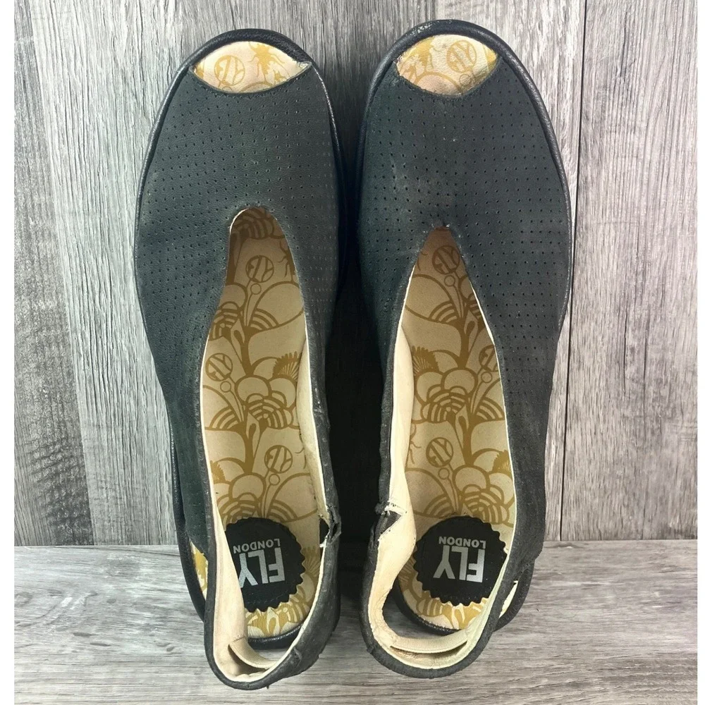 Fly London  Black Perforated Suede Wedge Sandals P500736016 EU 40 US 9-9.5